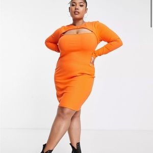 ASOS DESIGN Curve Ribbed Long Sleeve Stretchy Dress - Orange - Size 20